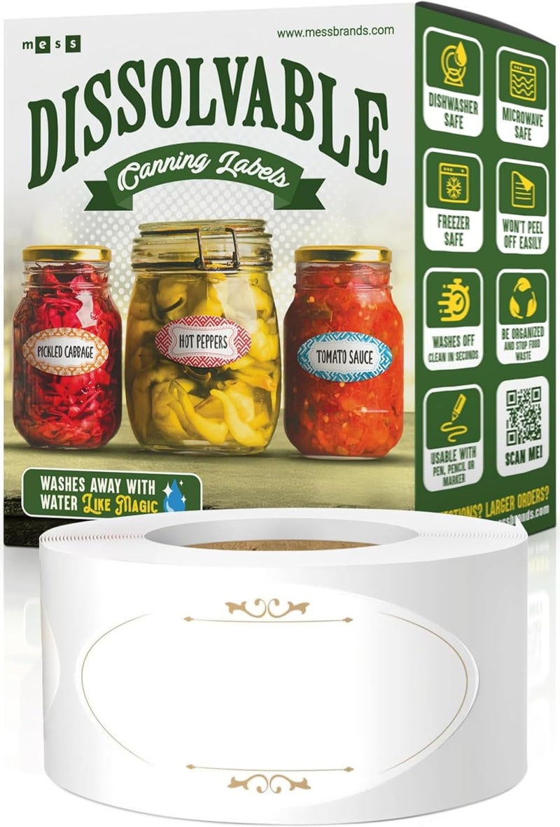 MESS Dissolvable Canning Labels for Jars - 1x2.25 in., 150/Roll - Removable Stickers (Classic) for Jam and Preserves - Image 1